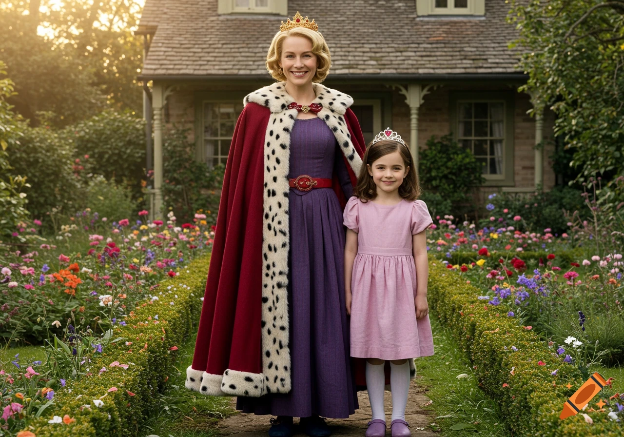 A smiling woman in a red cloak and gold crown stands next to a smiling young girl in a pink dress and tiara in a lush garden outside a house.