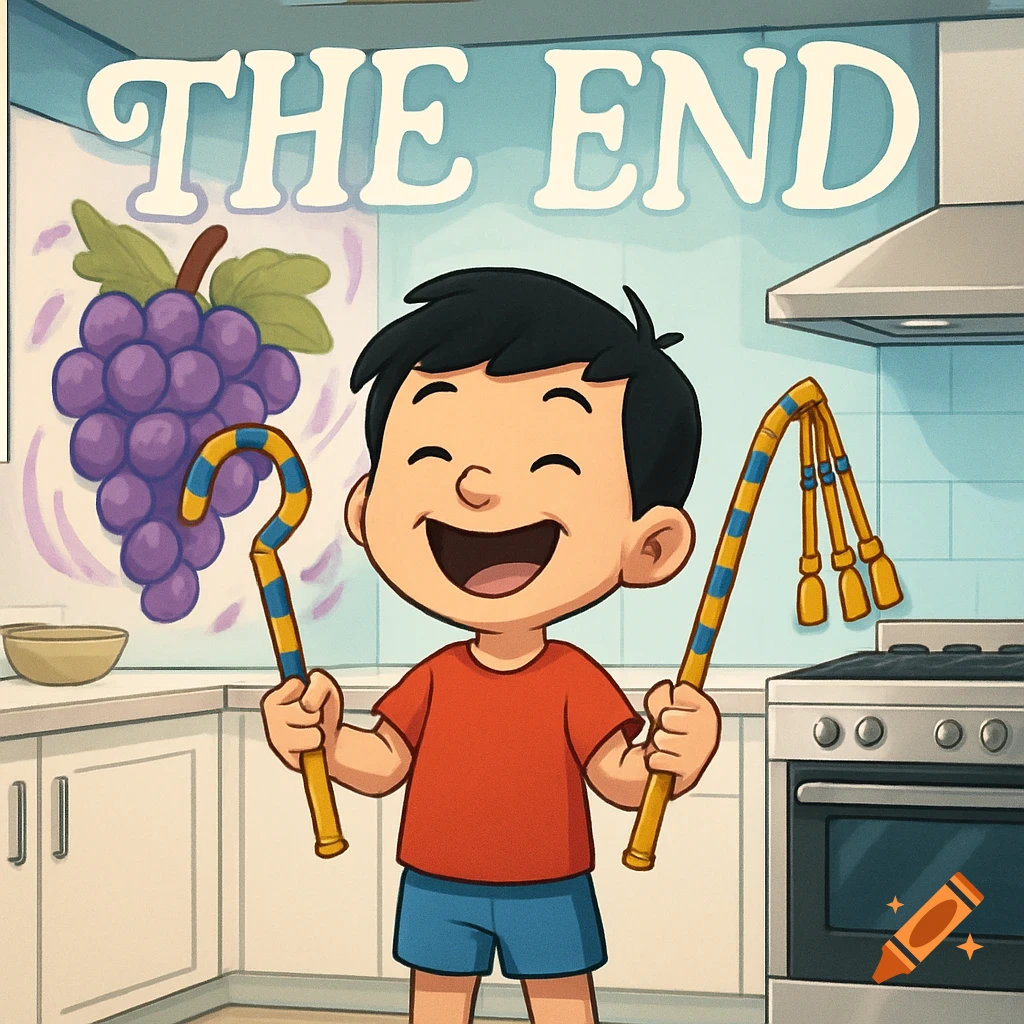 A cartoon boy in a modern kitchen holds an Egyptian crook and flail, with a grape mural and the words "THE END" at the top.