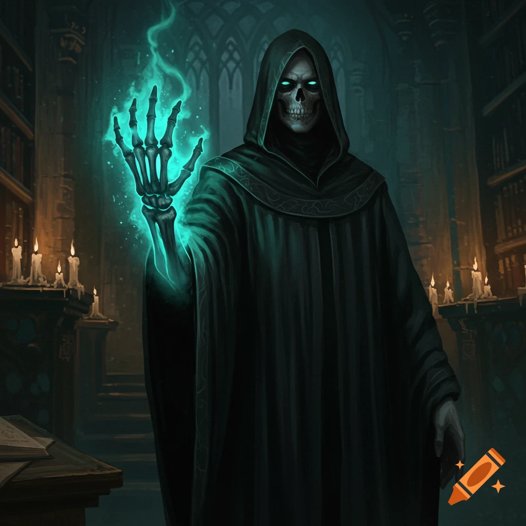 A robed skeletal figure with glowing green eyes and a glowing green skeletal hand in a dark, candlelit library.