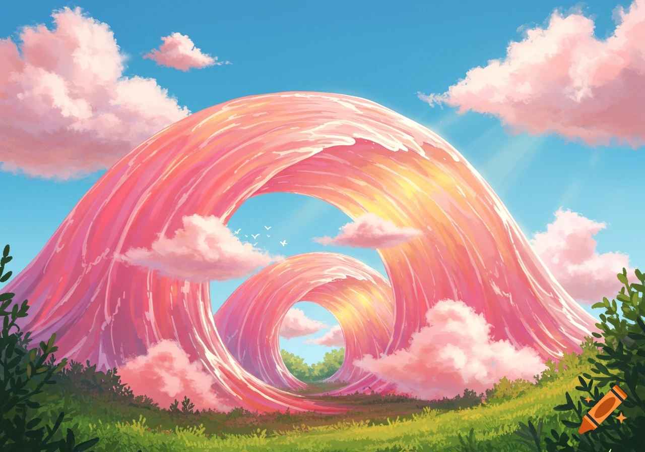 A vibrant, fantastical landscape with towering pink, translucent waves arching over a grassy field under a bright blue sky with fluffy pink clouds.