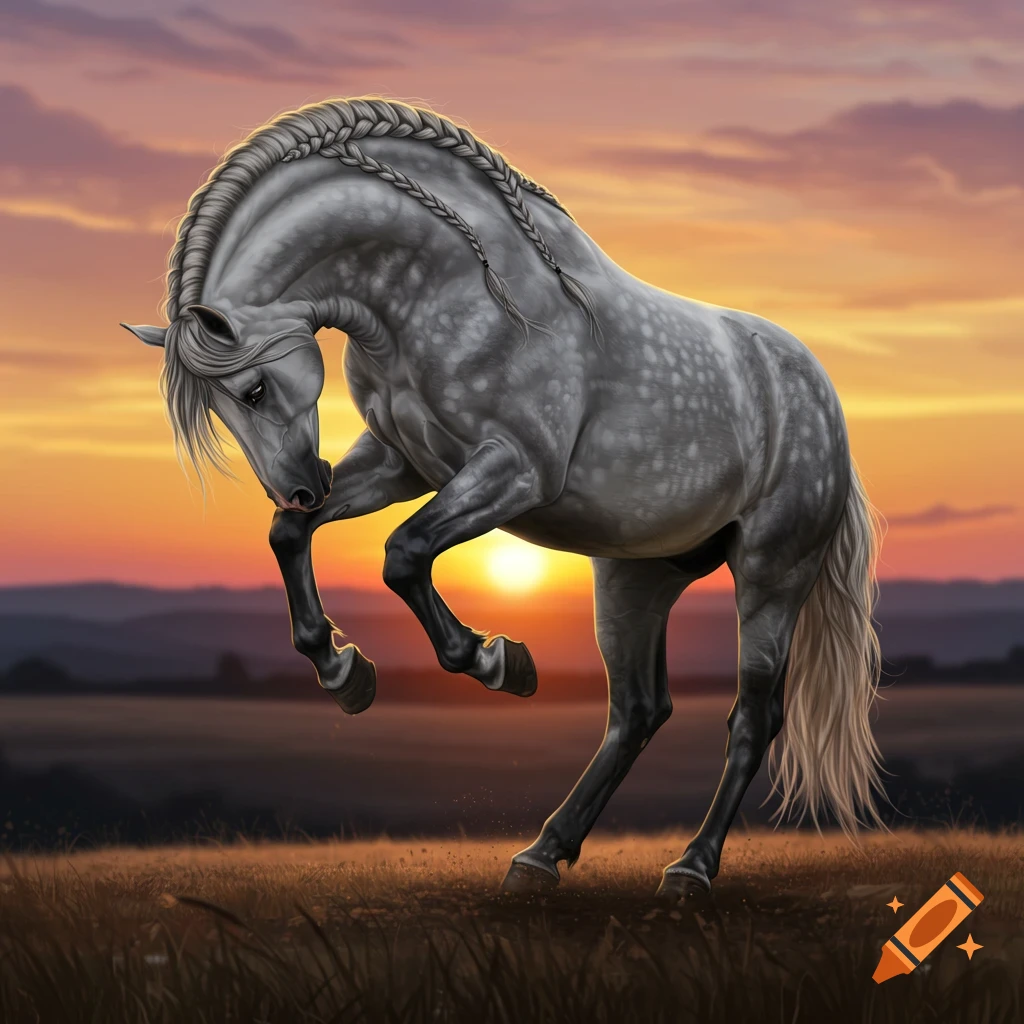 A majestic grey dapple horse with a braided mane bucks in a golden field against a vibrant sunset.