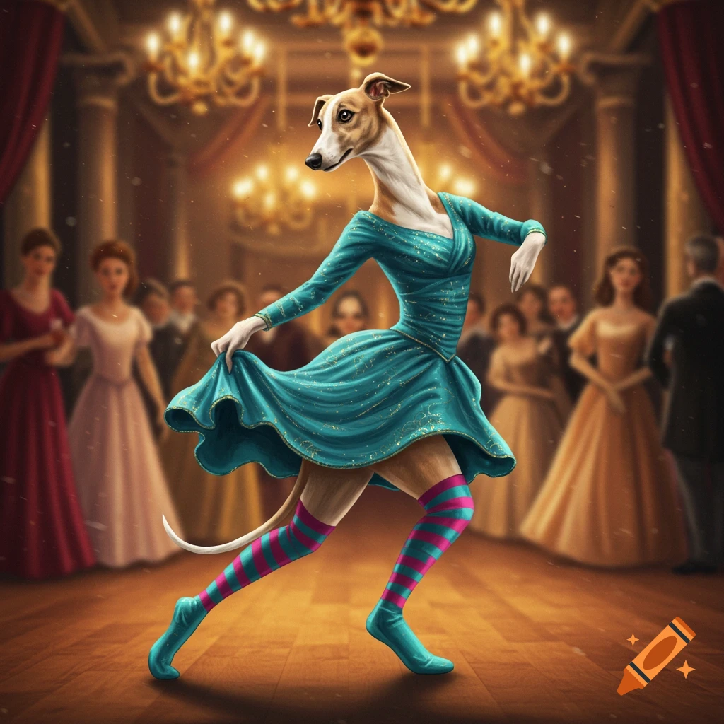 An anthropomorphic whippet in a teal dress and striped socks dances at a fancy ballroom with blurred guests.
