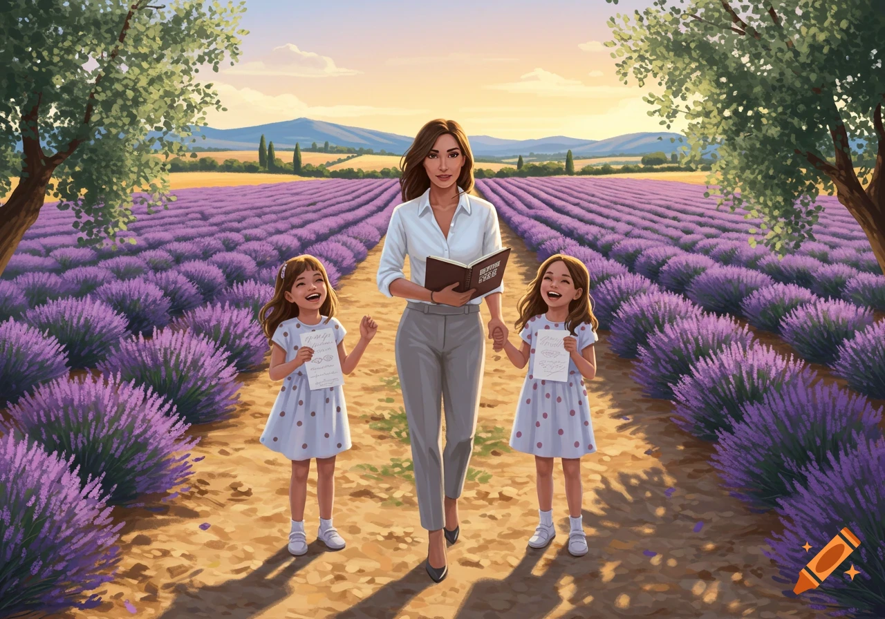 A smiling woman and two twin girls walk hand-in-hand through a vibrant lavender field at sunset, in a digital art style.
