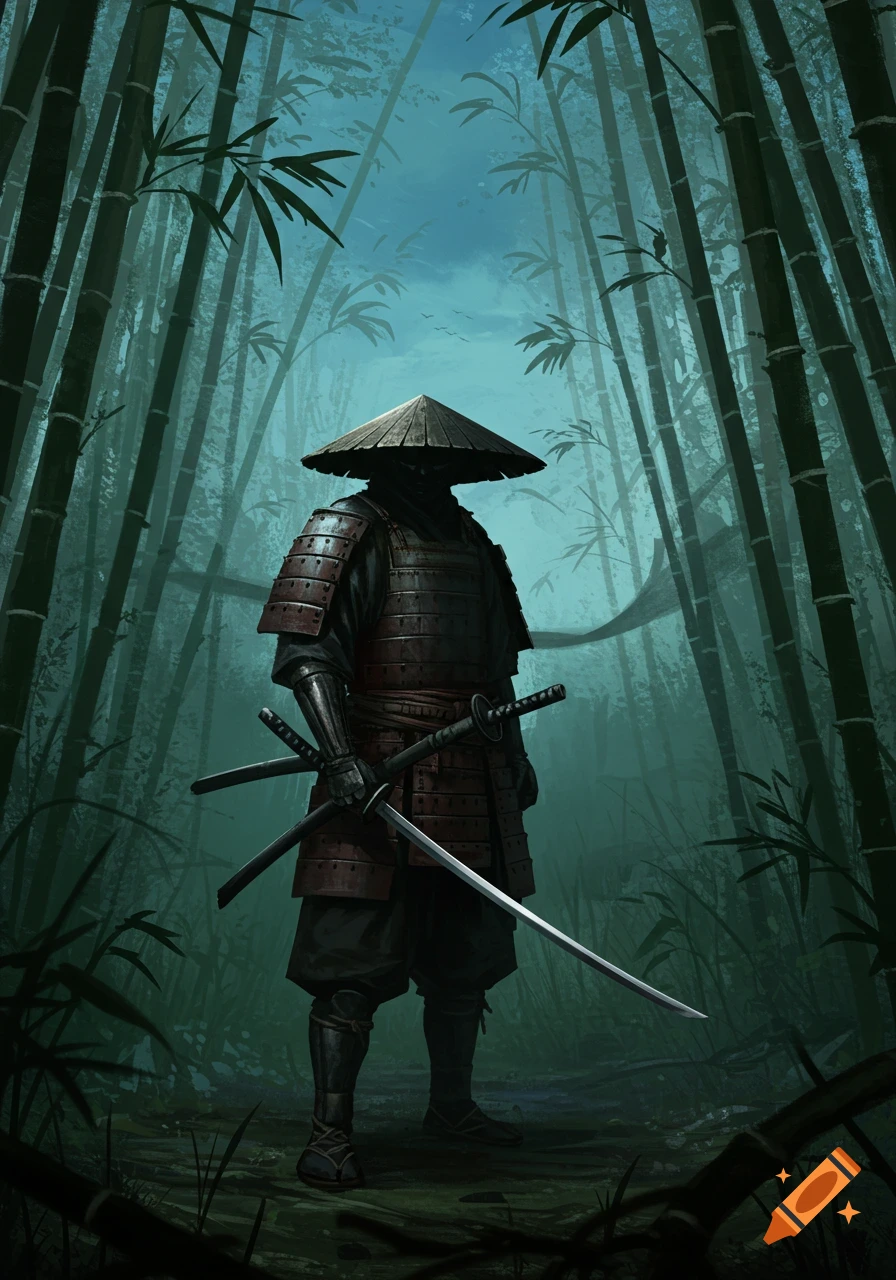A lone samurai in armor and a straw hat stands with two katanas in a mystical bamboo forest under a teal sky.