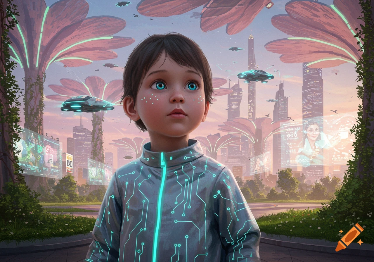 A futuristic child with glowing blue eyes and a circuit-patterned jacket stands in a cityscape with flying vehicles and holographic screens.