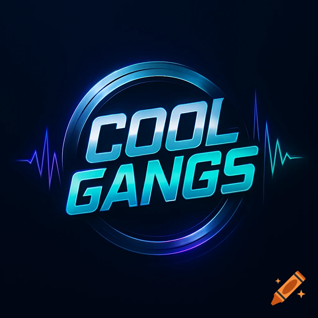 Neon blue and silver metallic logo for 'COOL GANGS' with glowing effects and soundwave graphics on a dark background.