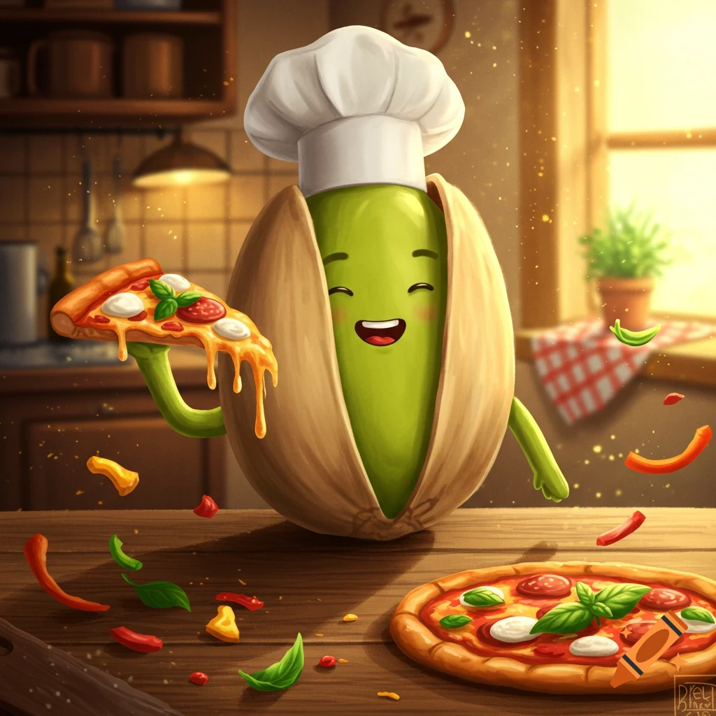 A cute, happy cartoon pistachio chef holding a pizza slice in a cozy kitchen with a whole pizza on the table.