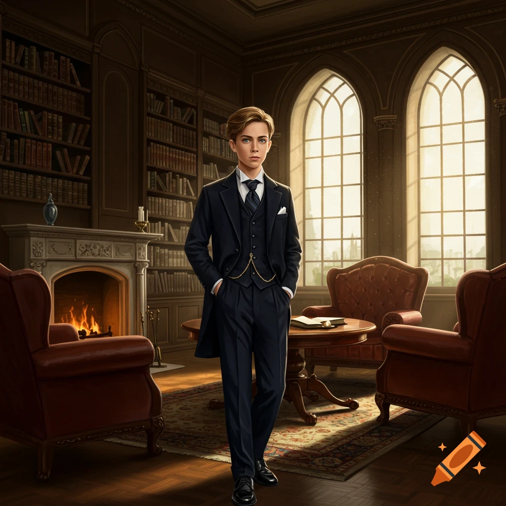 A young boy in a dark suit stands formally in a grand, richly decorated library with large arched windows and a fireplace.