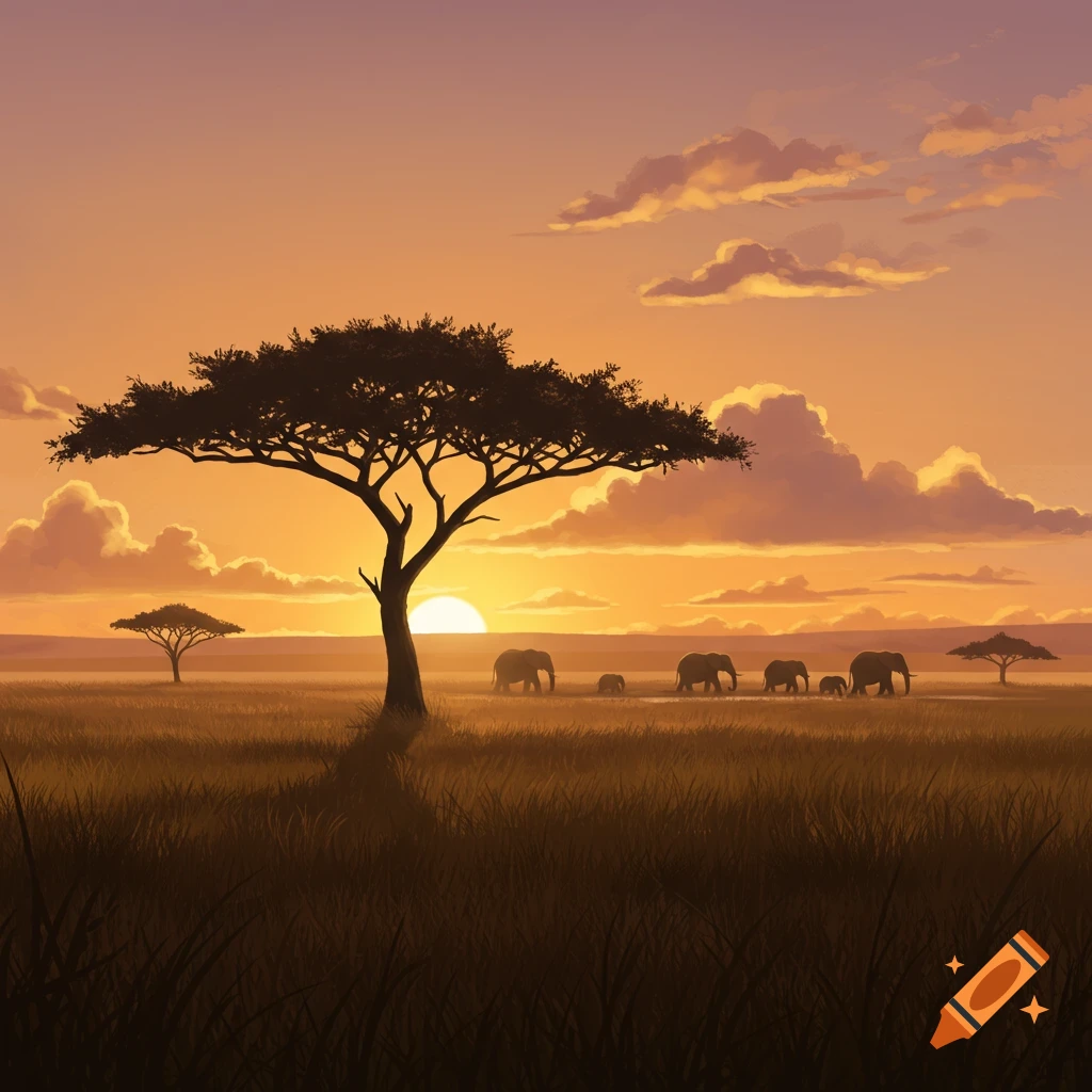 Stylized illustration of elephants silhouetted against a vibrant orange sunset in an African savannah.