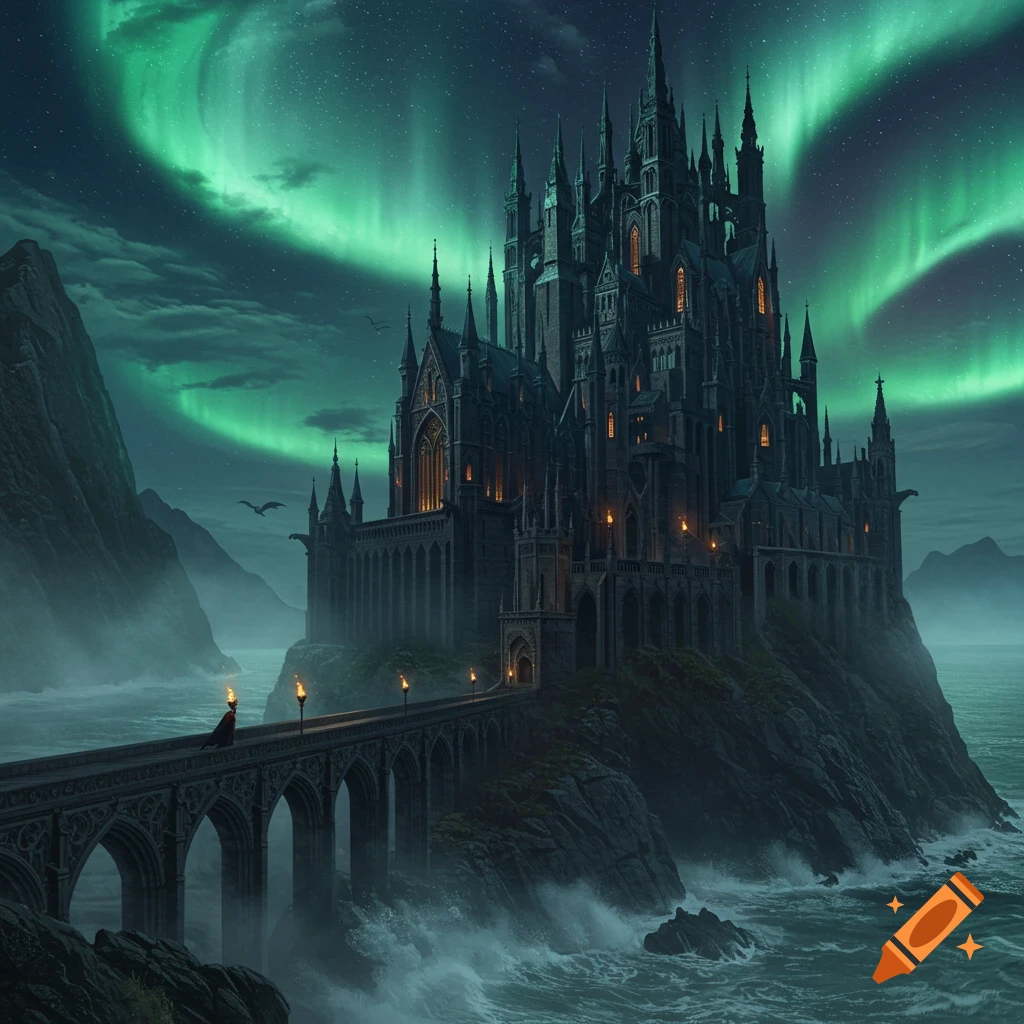 A grand gothic castle on a rocky island connected by an arched bridge, illuminated by a vibrant green aurora in a starry night sky.