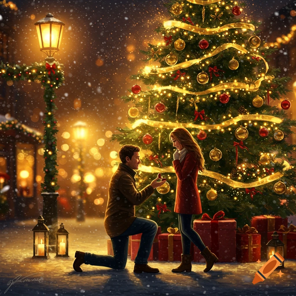 A man kneels to propose to a woman on a snowy street at night, illuminated by a large, decorated Christmas tree and glowing lampposts.