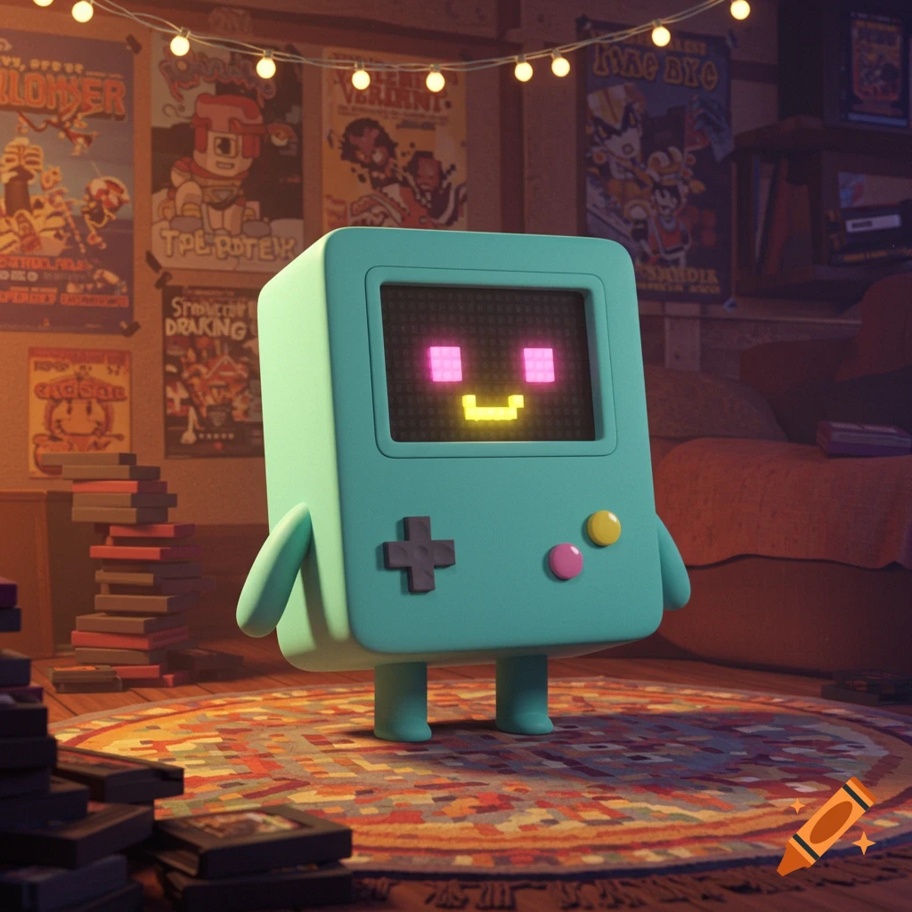 A light teal, pixel-faced character resembling BMO stands on a patterned rug in a cozy room filled with posters, books, and string lights.