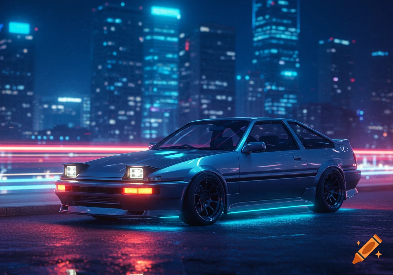A grey sports car with pop-up headlights and blue underglow on a wet street at night, with a blurred neon city background.