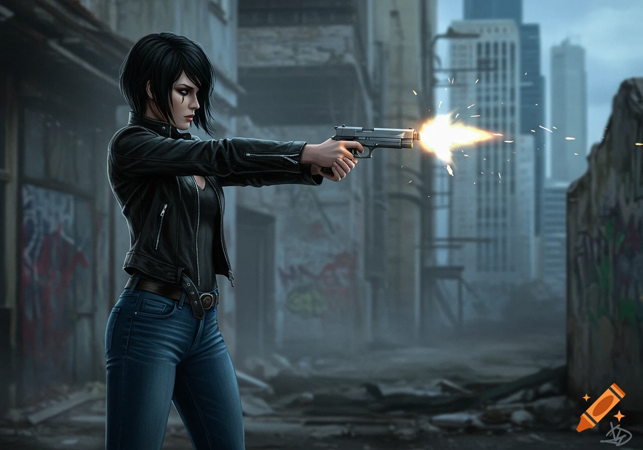 A black-haired woman in a leather jacket and jeans fires a pistol in a ruined, graffiti-covered city, digital art.