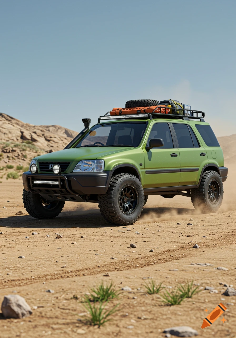 A green off-road Honda CRV drives through a dusty desert landscape under a clear sky.