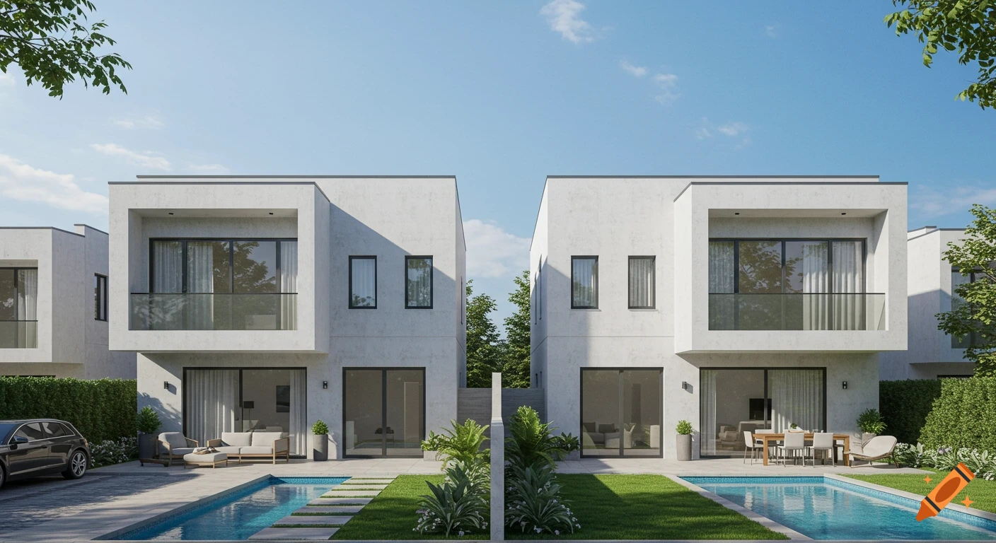 Photorealistic render of two modern white semi-detached houses with pools, gardens, and a car in the driveway under a clear sky.