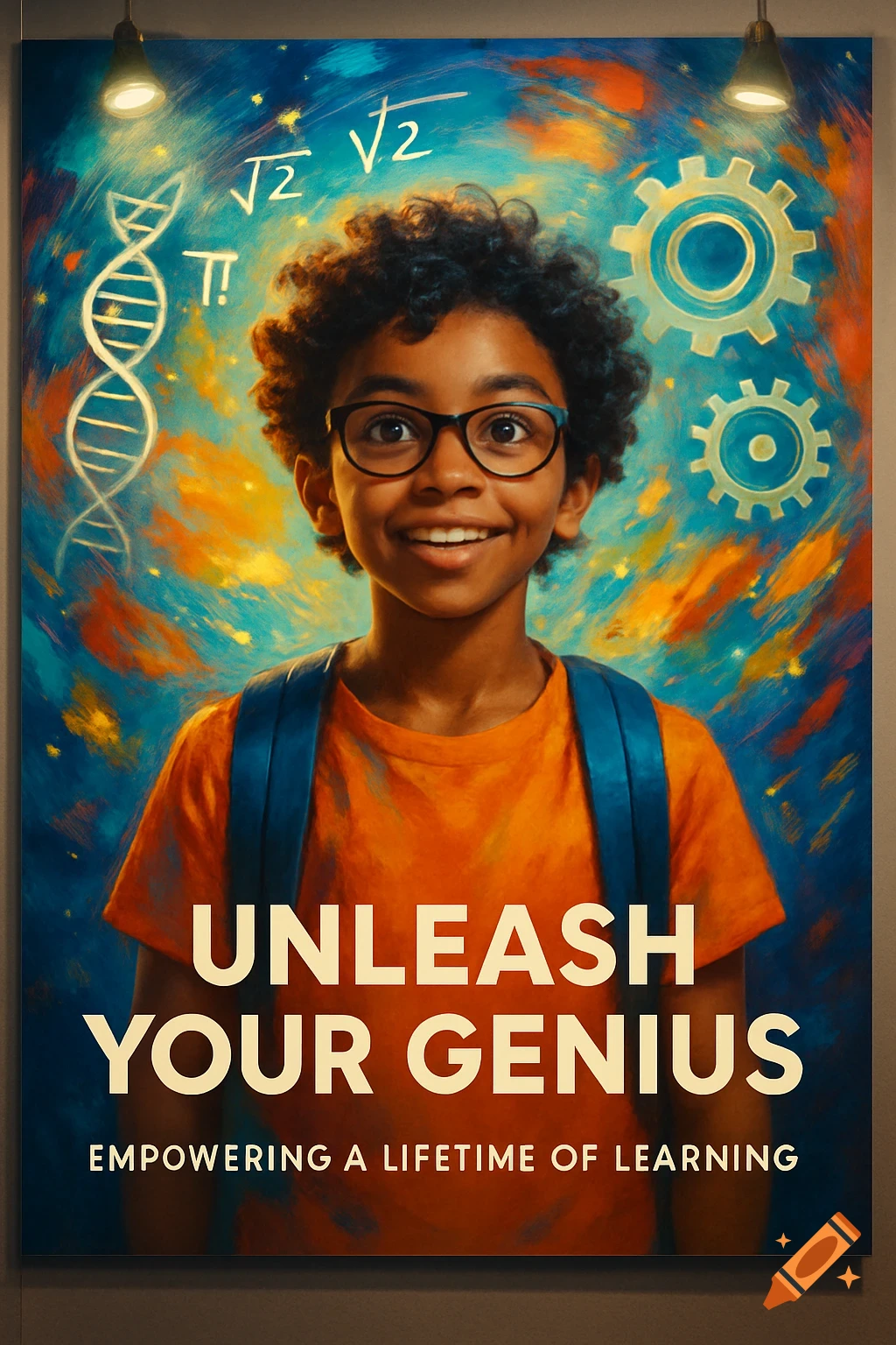 A smiling boy with glasses and a backpack stands on a vibrant, abstract poster with scientific symbols and the text 'UNLEASH YOUR GENIUS'.