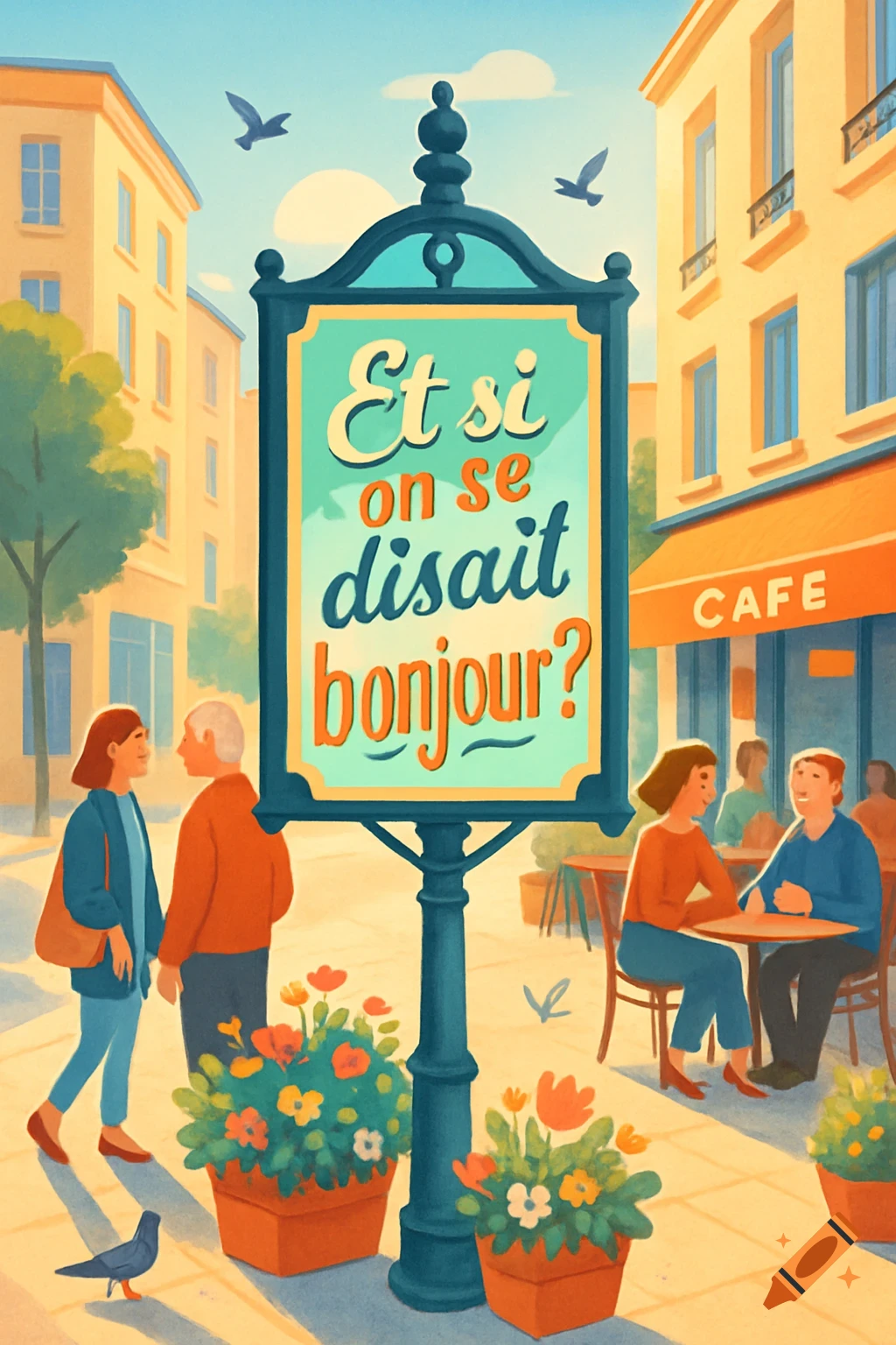 A colorful illustration of a street scene with a prominent sign reading "Et si on se disait bonjour?", people walking and sitting at a cafe.