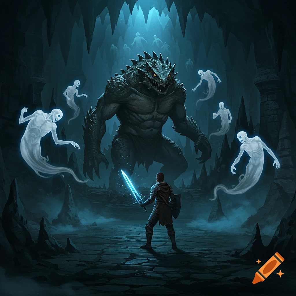 A lone hero with a glowing sword stands against a massive dark monster and spectral ghosts in a dimly lit cave, fantasy illustration.
