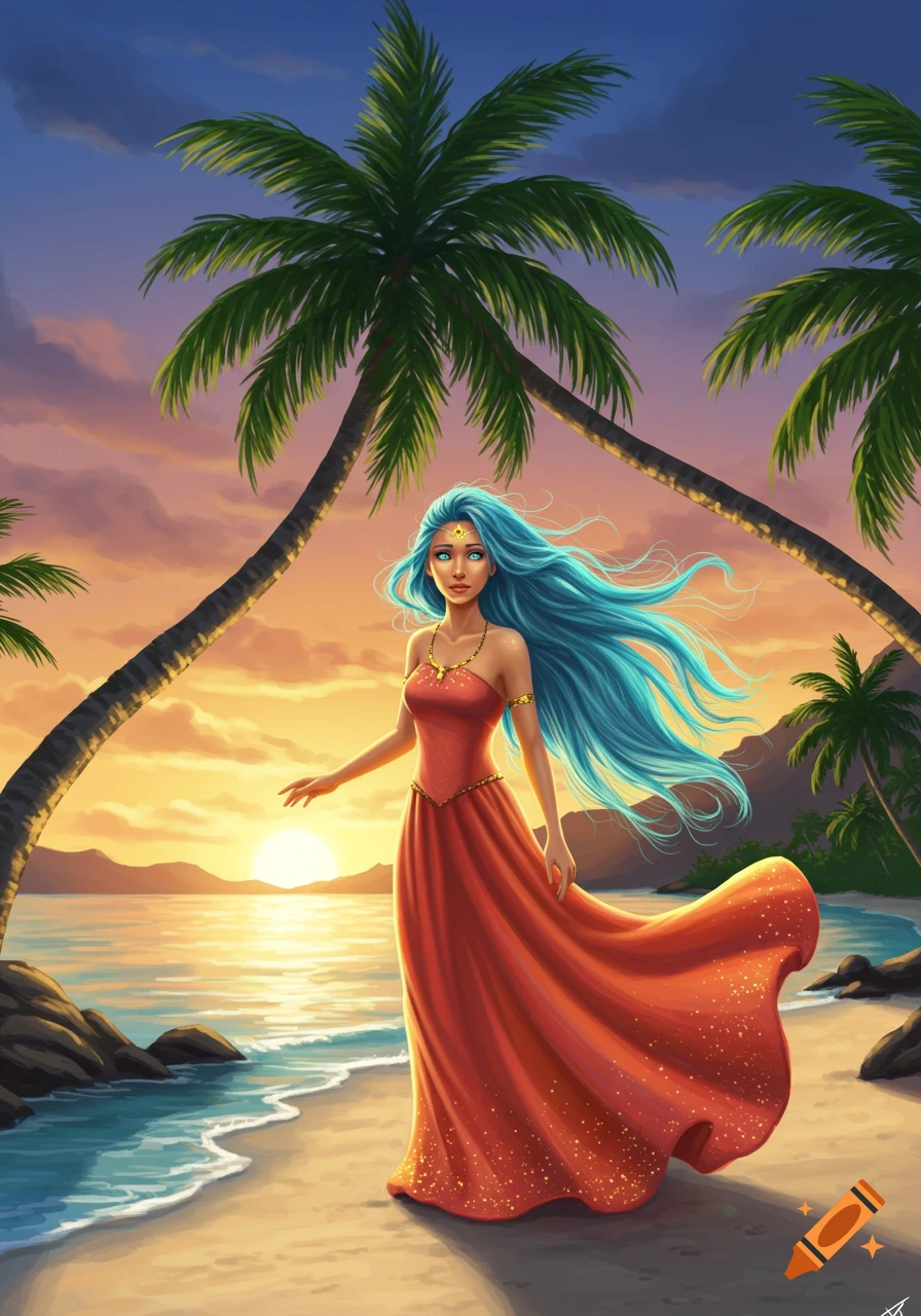 A beautiful princess with long blue hair and a flowing red dress stands on a sandy beach at sunset, with palm trees framing the scene in an illustrative style.