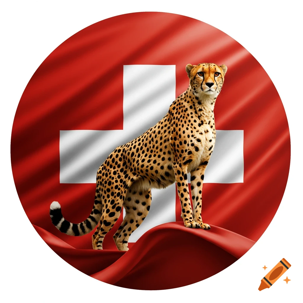 A lifelike cheetah standing on a red Swiss flag with a white cross, all within a circular frame.