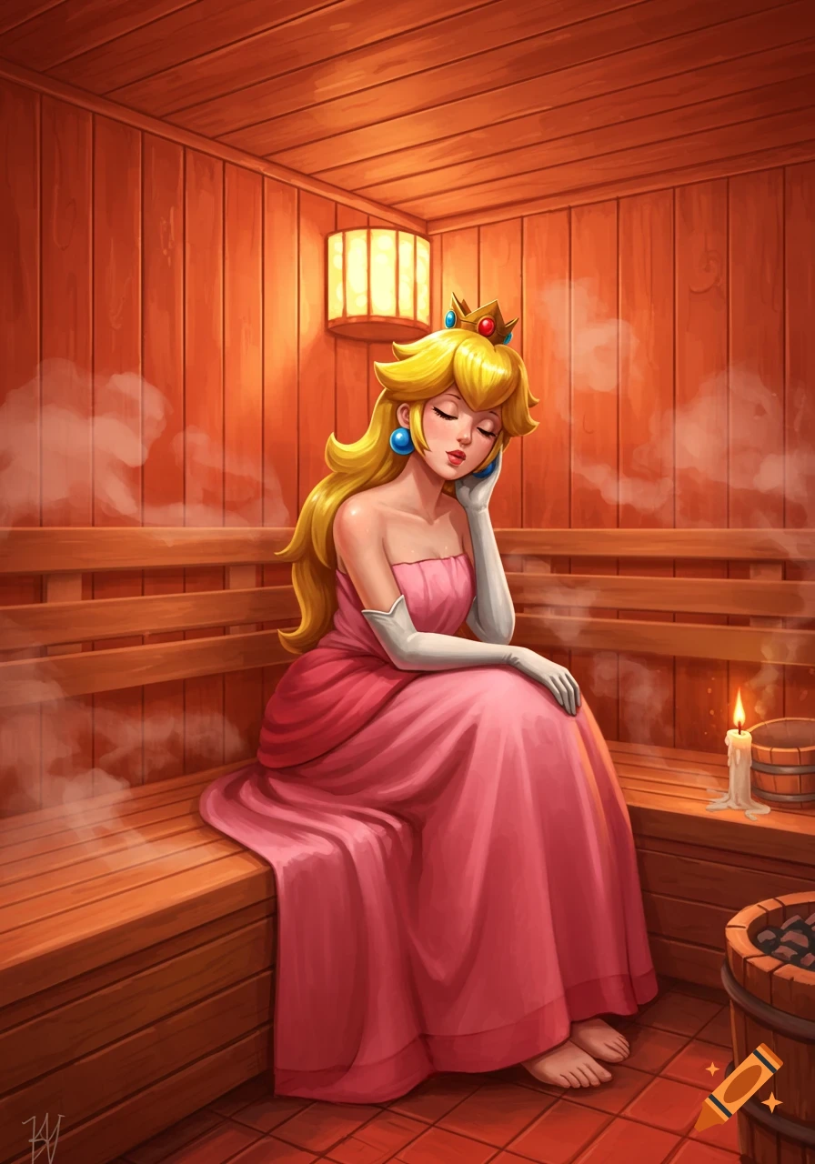 Princess Peach, wearing a pink dress and gloves, rests with closed eyes in a steamy wooden sauna. Digital illustration.