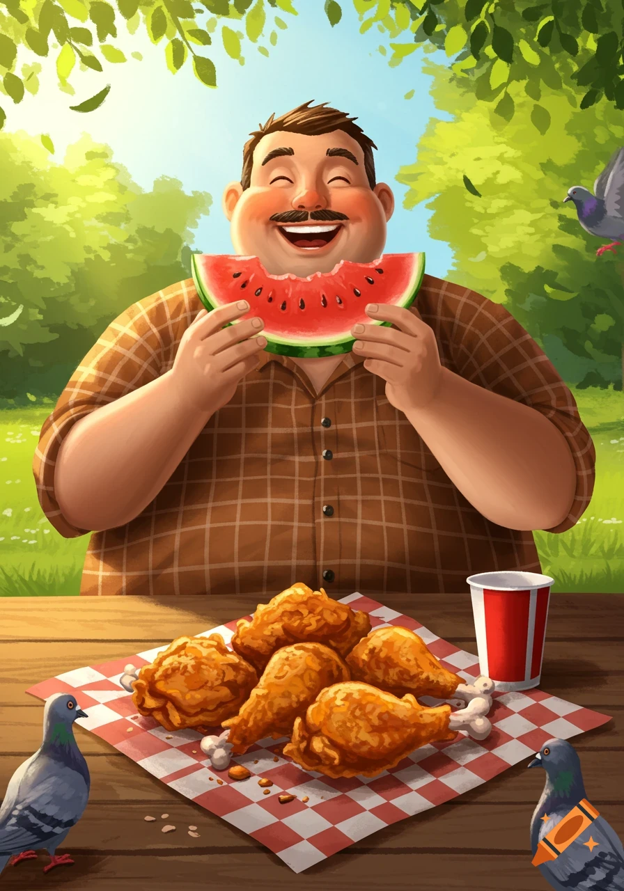 A happy man joyfully eats watermelon at a picnic table with fried chicken and pigeons in a vibrant, cartoonish illustration.