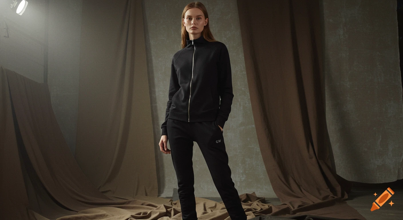 A full-body shot of a female model wearing a black zip-up jacket and black joggers, standing in a studio with draped brown and gray fabric.