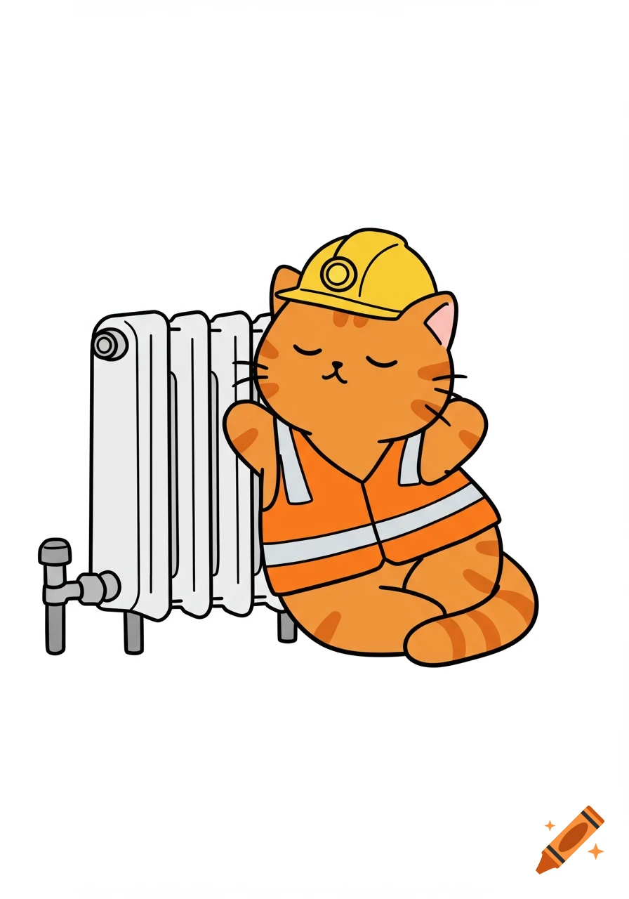 A friendly cartoon ginger cat in a yellow construction helmet and orange safety vest sleeps next to a white heating radiator.
