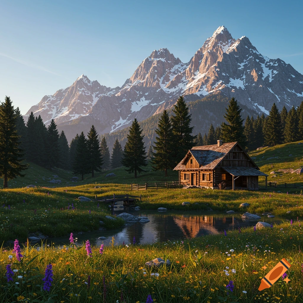 A photorealistic landscape of a wooden cabin by a pond, surrounded by green meadows and tall pines, with snow-capped mountains in the background.