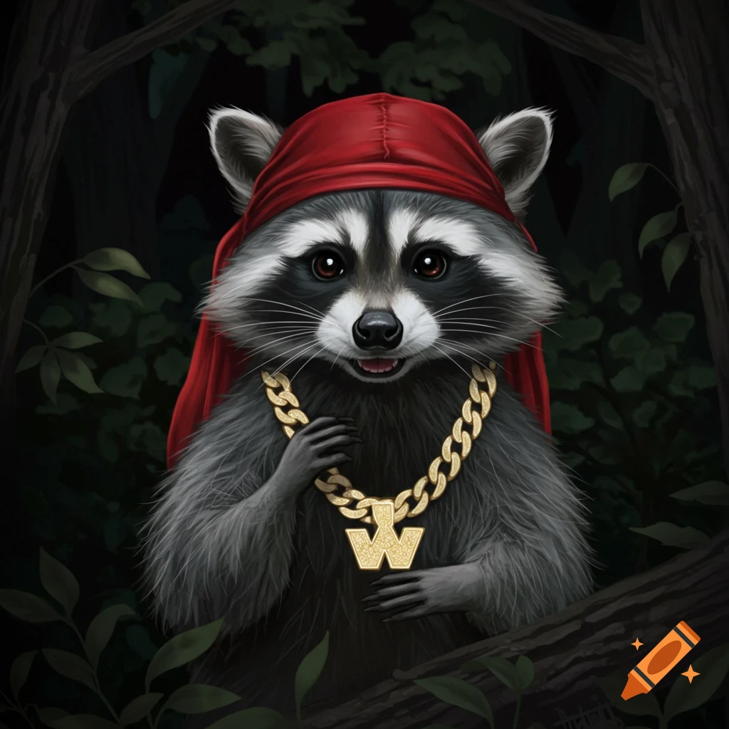 A cool cartoon raccoon in a red durag and a large gold chain with a 'W' pendant poses in a dark forest.