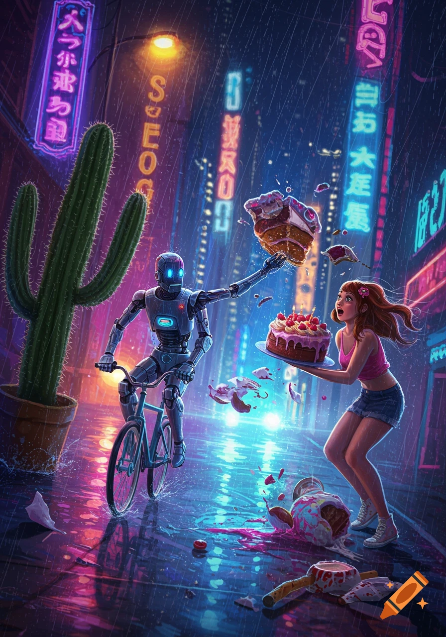 A robot on a bicycle collides with a girl holding a cake on a neon-lit, rainy cyberpunk street, spilling cake.