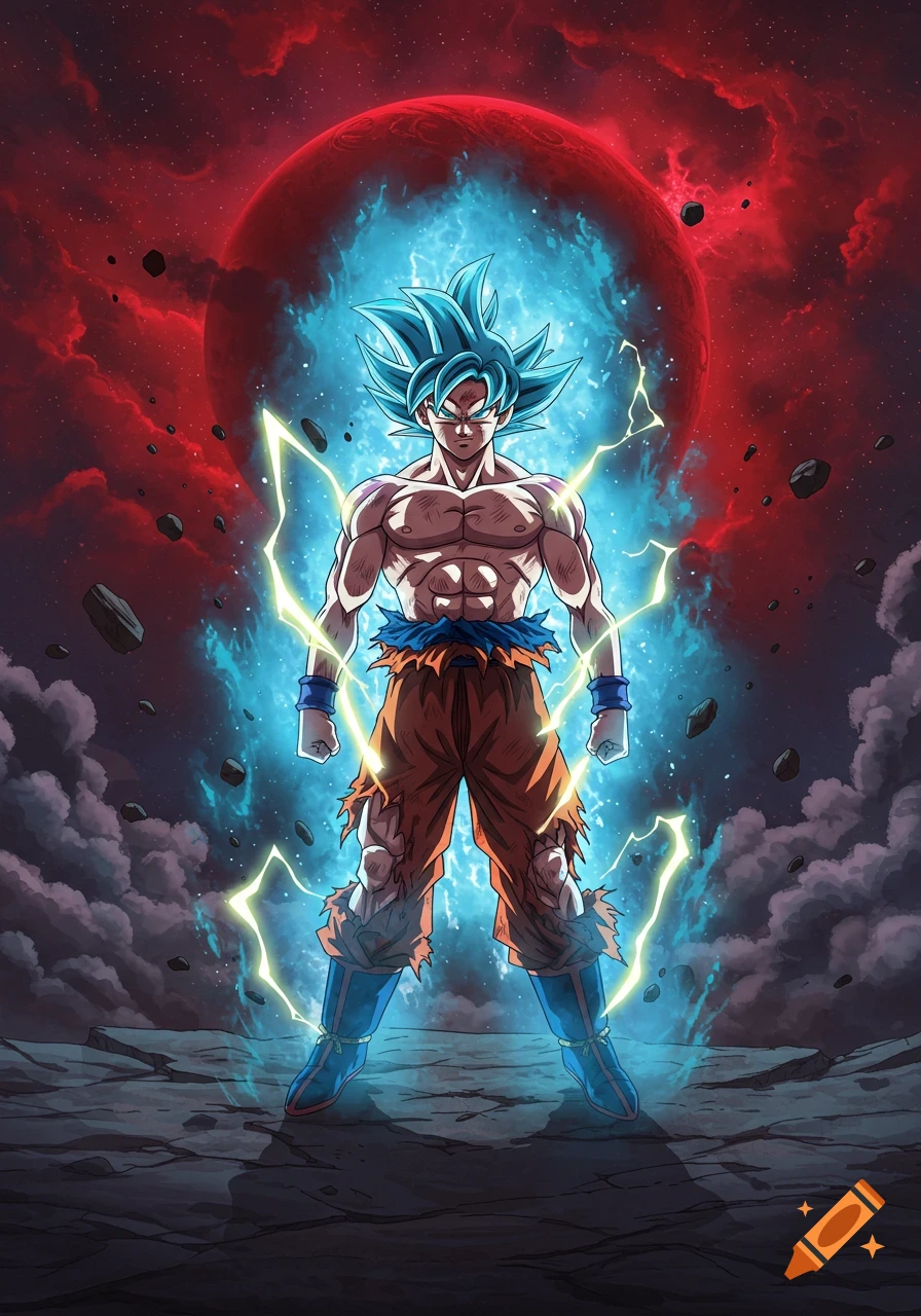 Goku, a muscular anime character with blue spiky hair, stands shirtless amidst blue energy and lightning, against a red planet and cosmic background.