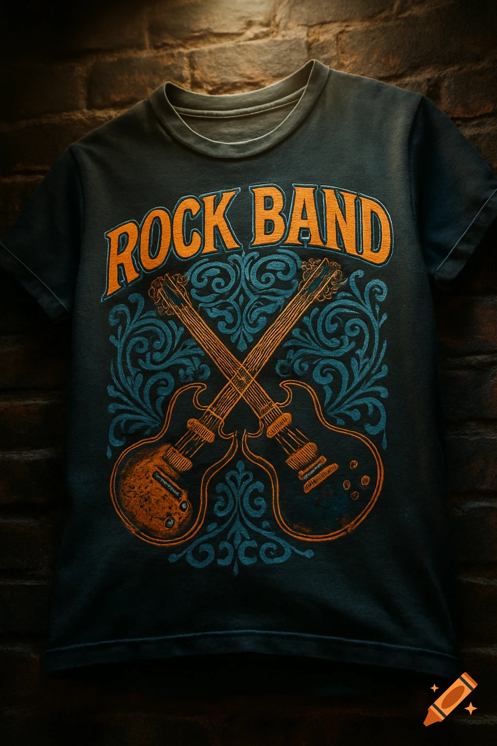 A dark gray t-shirt with 'ROCK BAND' in orange text above two crossed guitars and a blue ornate pattern, hanging against a brick wall.