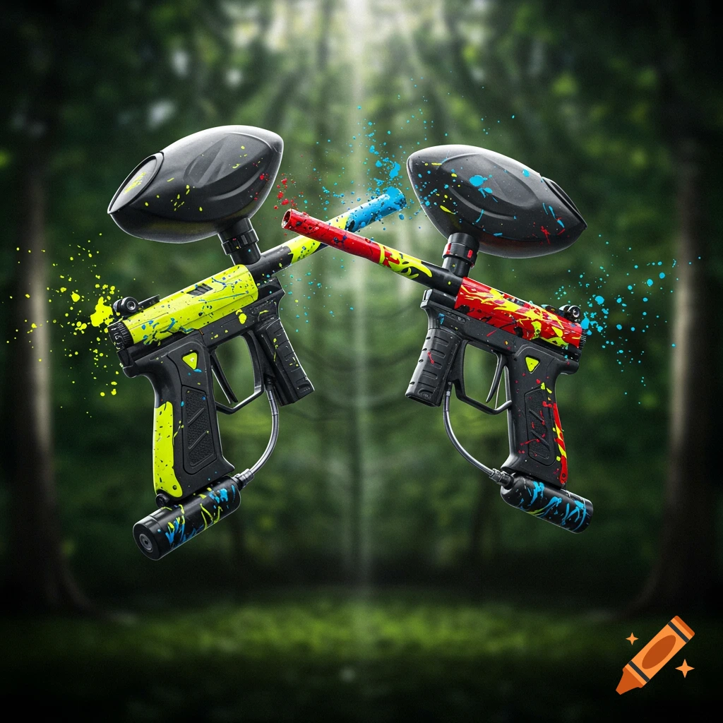 Two vibrant paintball guns, splattered with colorful paint, cross each other against a blurred forest background with light rays.