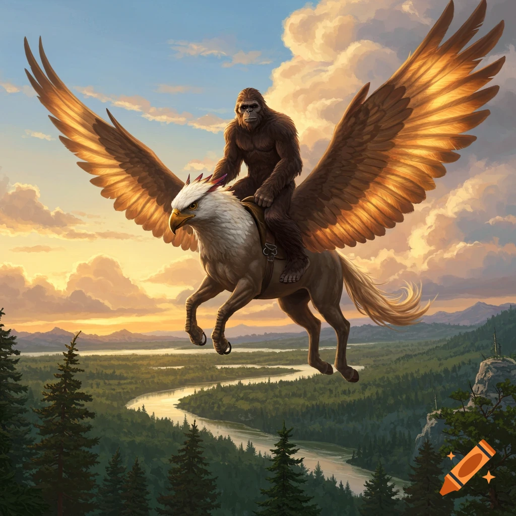 Bigfoot rides a majestic hippogriff with golden wings over a winding river through a lush forest at sunset, digital painting.