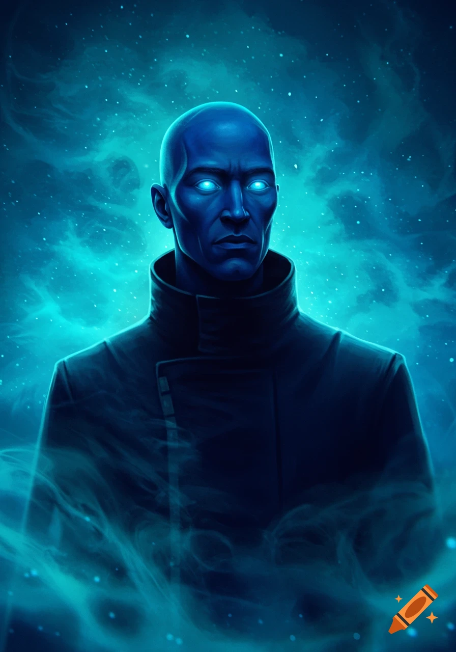 Digital art portrait of a bald, blue-skinned man with glowing blue eyes in a dark coat against a swirling blue cosmic background.