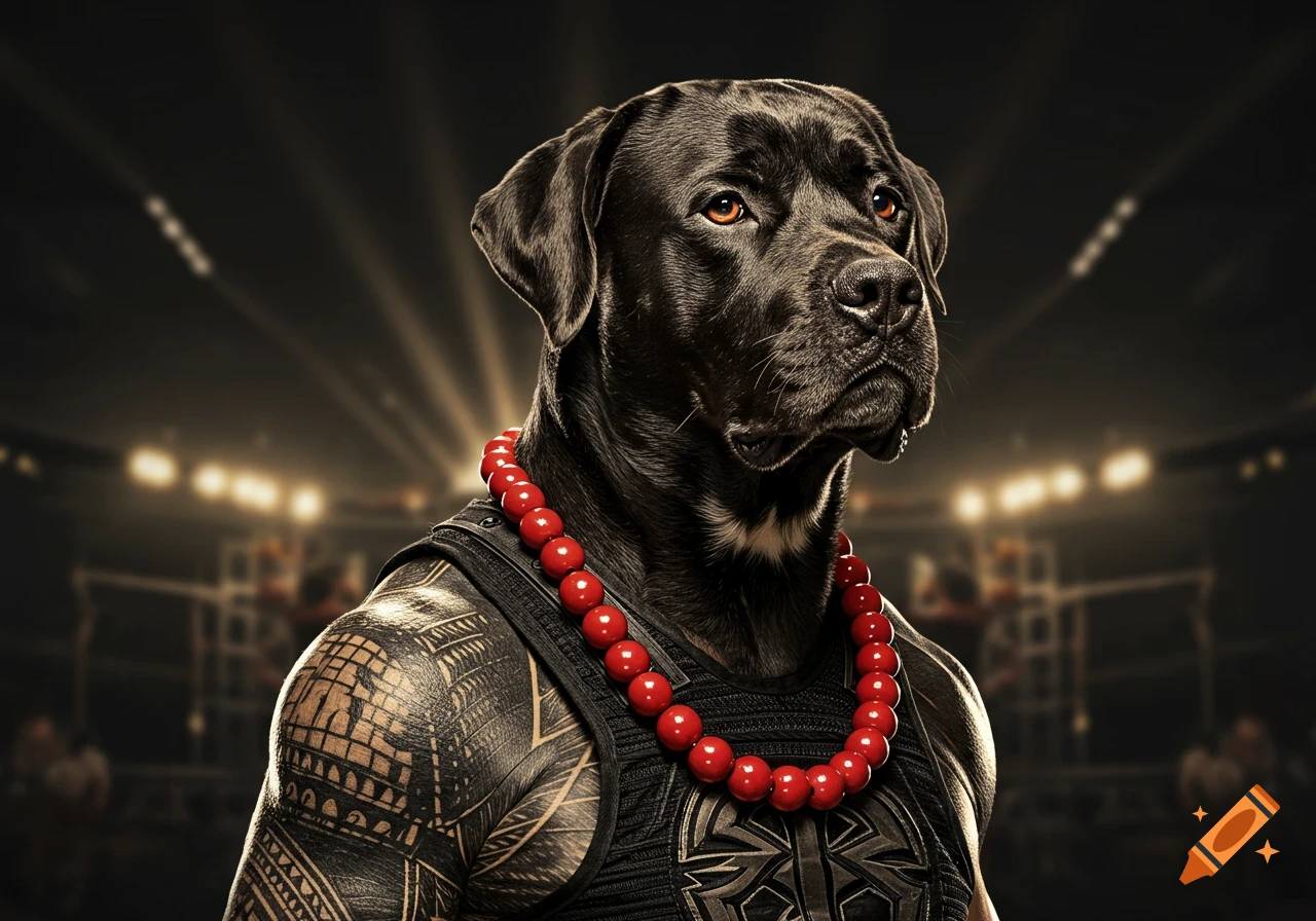 Photorealistic black dog with a muscular, tattooed human body, wearing a black tank top and a red beaded necklace in a wrestling arena.