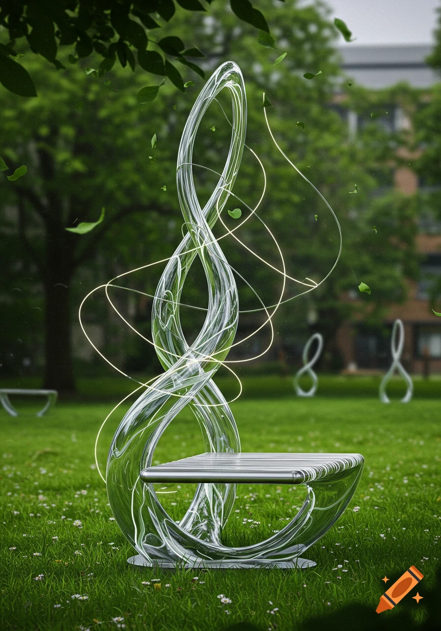 A modern, clear glass-like street furniture sculpture with a metallic seat on a grassy park lawn, surrounded by glowing lines and falling leaves.