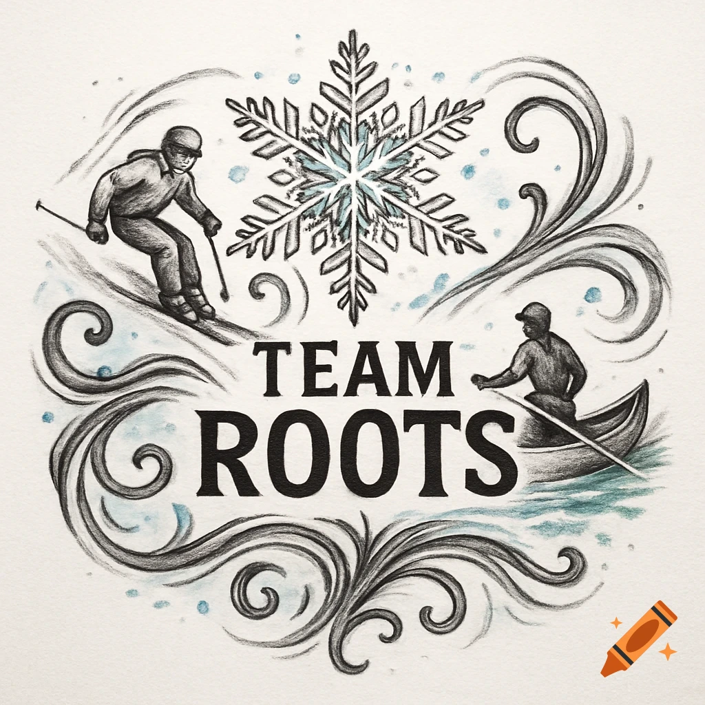 Charcoal sketch illustration with a skier, canoeist, snowflake, and 'TEAM ROOTS' text in a circular design.