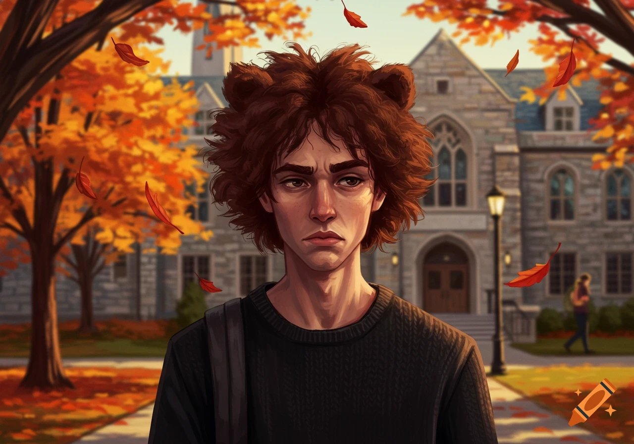 An illustration of a sullen male student with bear-like hair in a black sweater, standing in an autumn university campus with falling leaves.