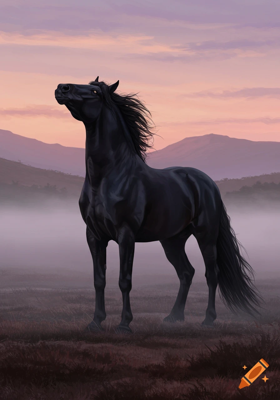 A majestic black horse stands in a misty field under a pink and purple sunset sky, with mountains in the distance.
