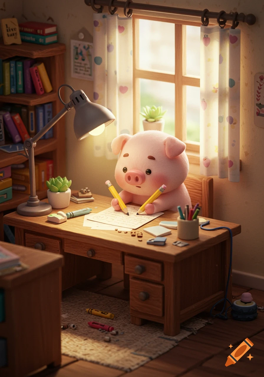 A cute cartoon pig sits at a wooden desk, holding two yellow pencils and writing on a paper under the warm light of a desk lamp, with bookshelves and a window in the background.