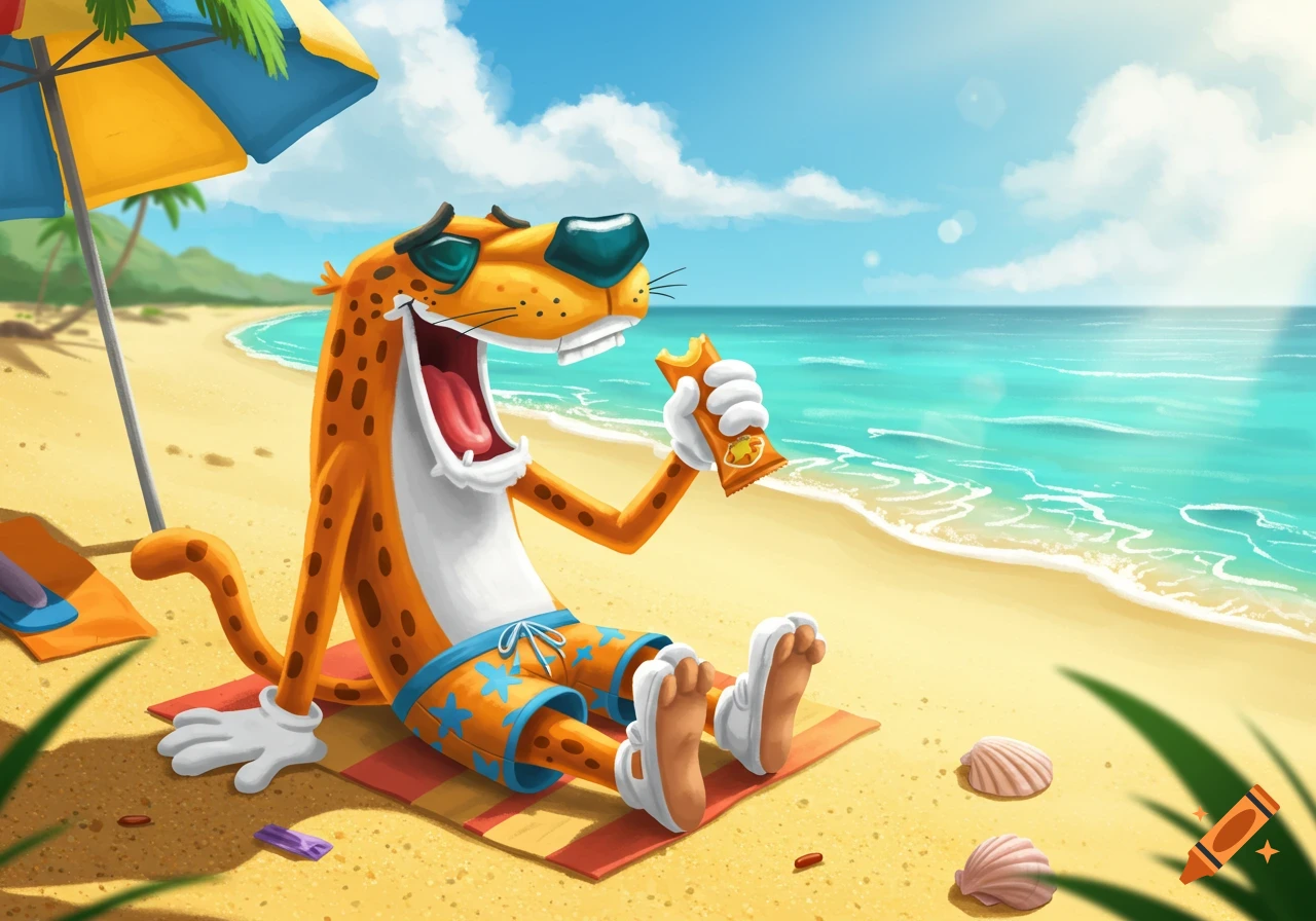 A happy cartoon cheetah in swim shorts sits on a beach towel under an umbrella, eating a snack. Blue ocean in background.