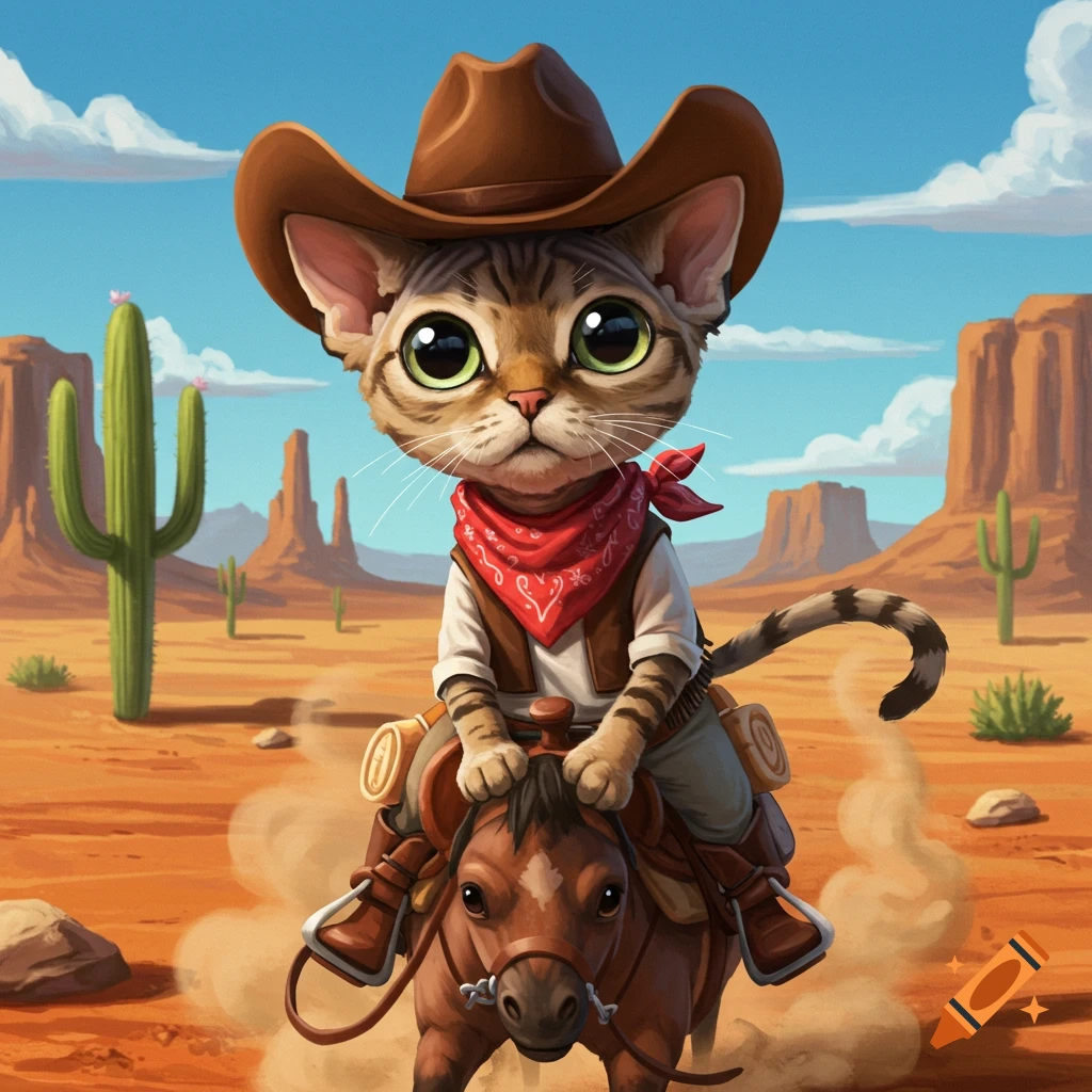 A cute tabby cat in a cowboy hat and red bandana rides a horse across a desert landscape with cacti and mountains. Digital art.