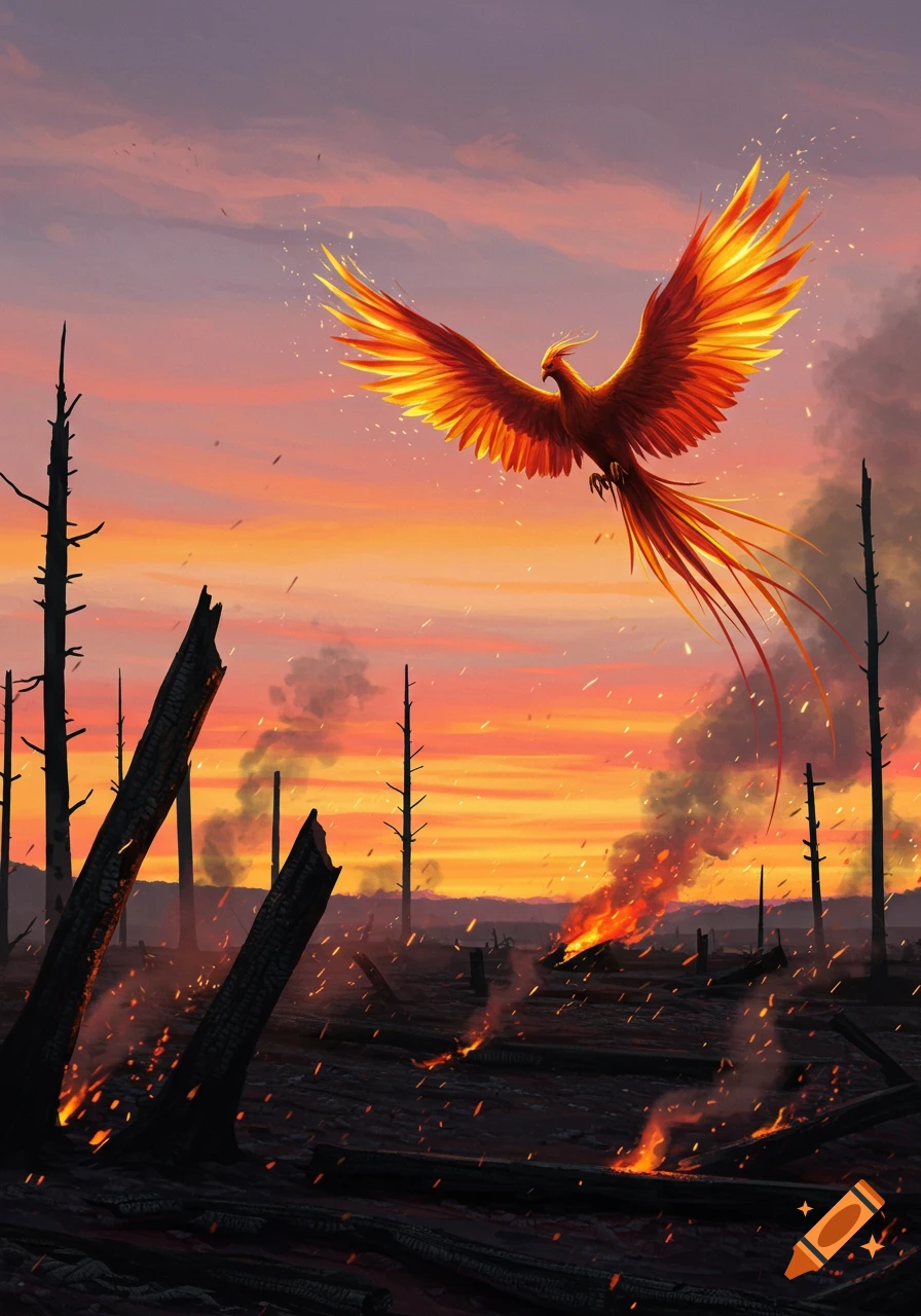 A vibrant orange and red phoenix flies above a desolate, burning forest at sunset, with smoke and sparks in the air.