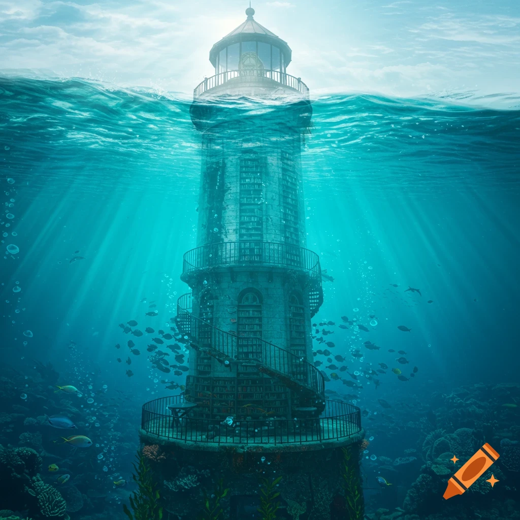 A surreal underwater lighthouse that doubles as a library, surrounded by schools of fish and coral reefs with light rays from above.