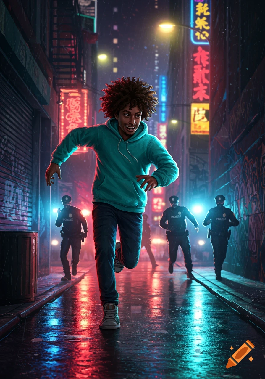 A young man with curly hair runs smiling down a rainy neon-lit city alley, with police officers chasing him in the background. Illustrative style.