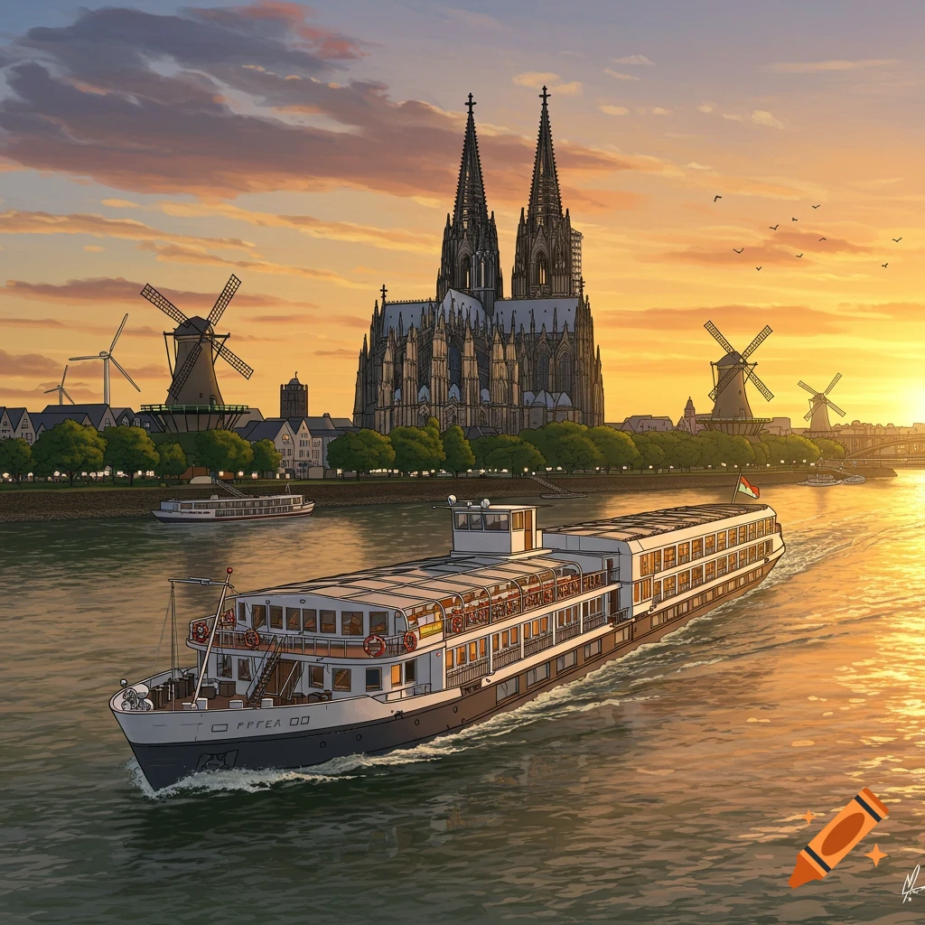 Illustration of a river cruise ship sailing past the Cologne Cathedral and windmills at sunset.