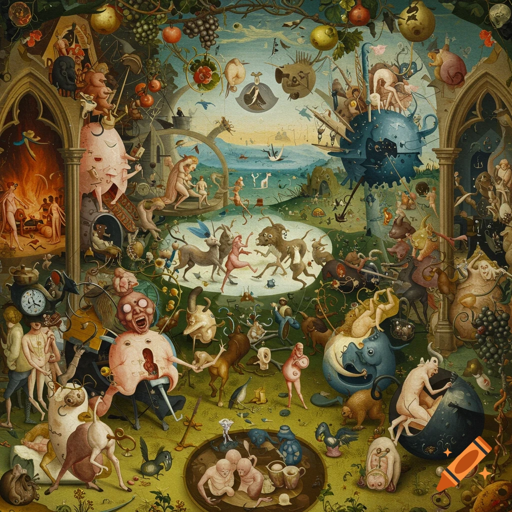 A highly detailed, vibrant, surrealist painting in the style of Hieronymus Bosch, filled with grotesque and fantastical creatures and nude figures.